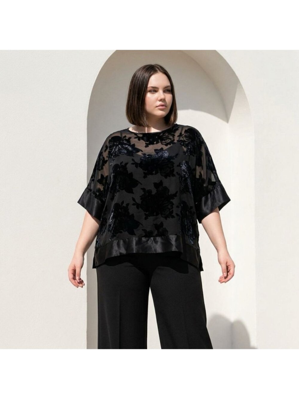 Nolan Miller Black Sheer Floral Velvet Burnout Top With Satin Trim Size 1X